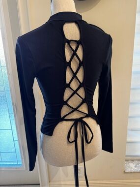 Black Long-Sleeve Lace-Up Back Top